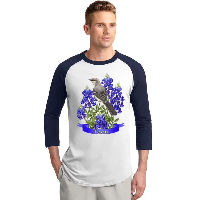 Texas State MockingBird & Purple Bluebonnet Wild Flowers Baseball Sleeve Shirt