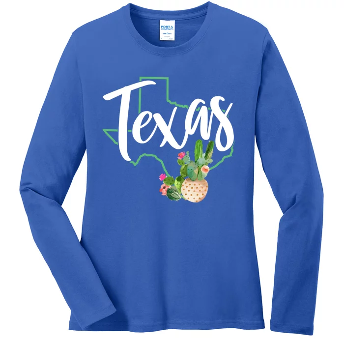 Texas State Map Pride Cactus Vintage Texas Gift Ladies Long Sleeve Shirt