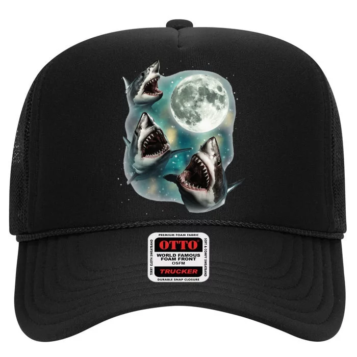 Three Shark Moon 3 Great Whites Howling Wolfs Moon Parody High Crown Mesh Trucker Hat