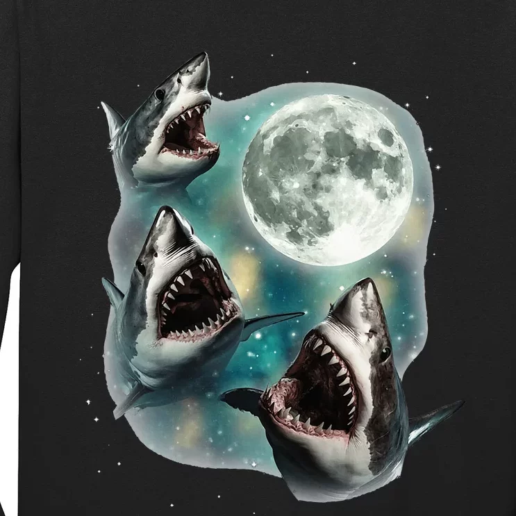 Three Shark Moon 3 Great Whites Howling Wolfs Moon Parody Long Sleeve Shirt