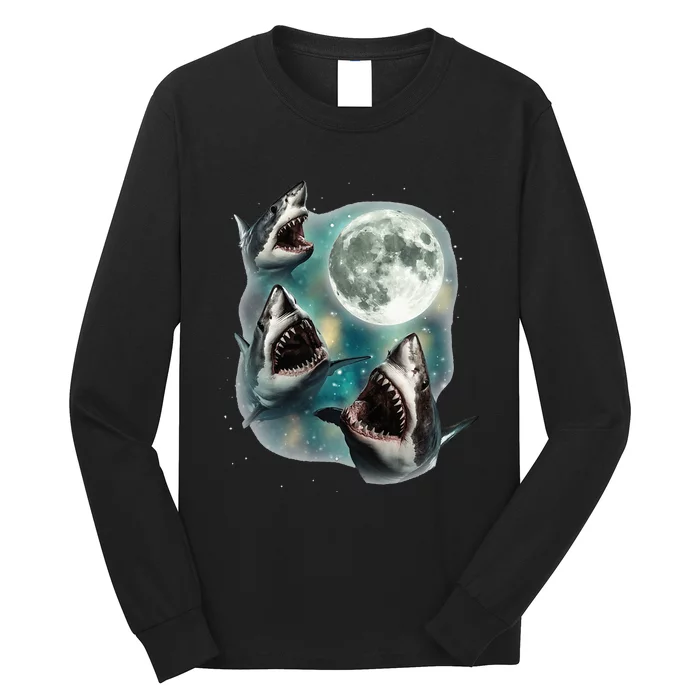 Three Shark Moon 3 Great Whites Howling Wolfs Moon Parody Long Sleeve Shirt