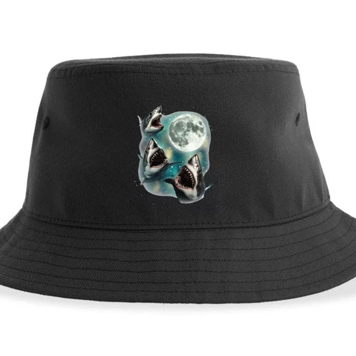 Three Shark Moon 3 Great Whites Howling Wolfs Moon Parody Sustainable Bucket Hat