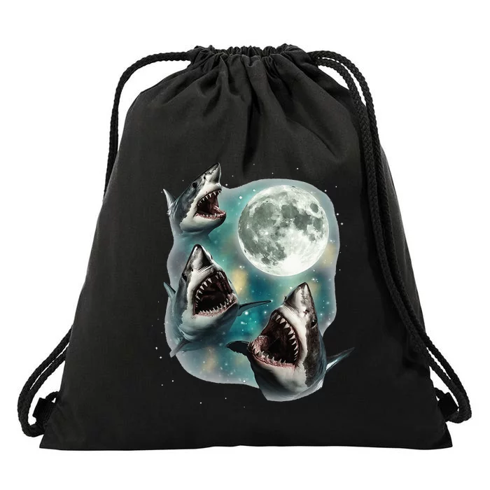 Three Shark Moon 3 Great Whites Howling Wolfs Moon Parody Drawstring Bag