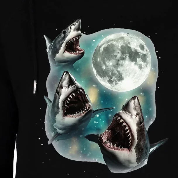 Three Shark Moon 3 Great Whites Howling Wolfs Moon Parody Womens Funnel Neck Pullover Hood