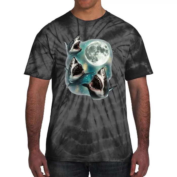 Three Shark Moon 3 Great Whites Howling Wolfs Moon Parody Tie-Dye T-Shirt