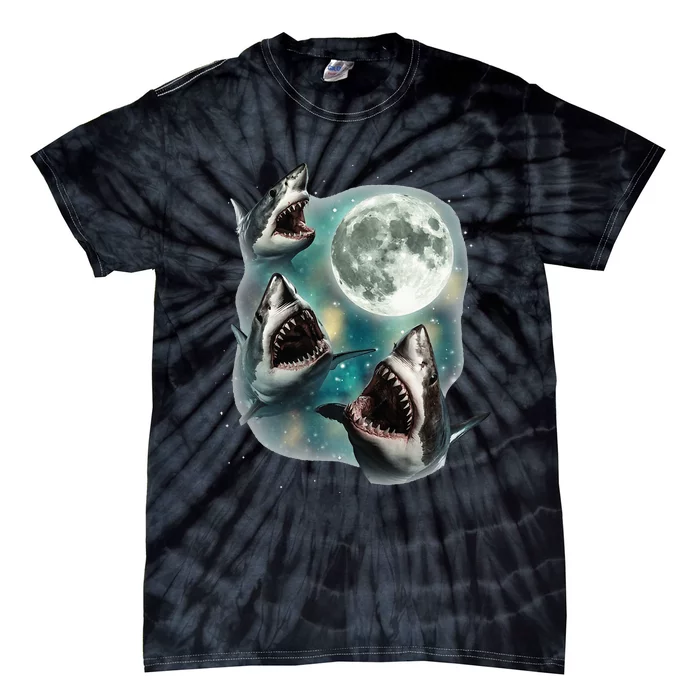 Three Shark Moon 3 Great Whites Howling Wolfs Moon Parody Tie-Dye T-Shirt