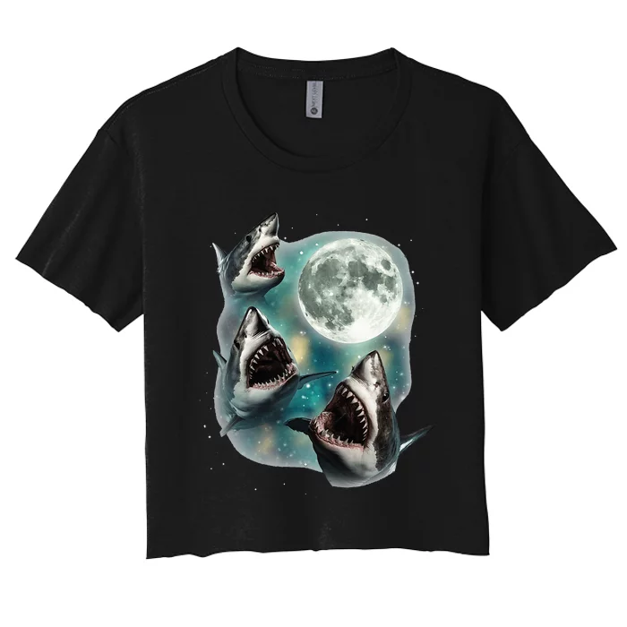 Three Shark Moon 3 Great Whites Howling Wolfs Moon Parody Women's Crop Top Tee