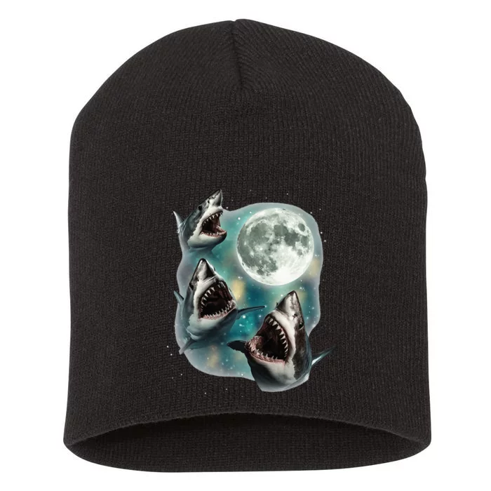 Three Shark Moon 3 Great Whites Howling Wolfs Moon Parody Short Acrylic Beanie