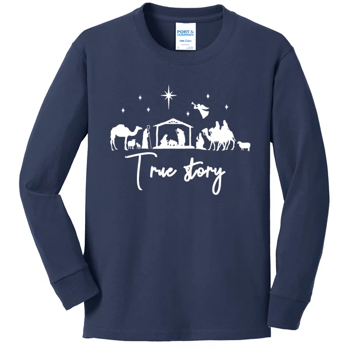 True Story Nativity Christmas Baby Jesus Manger Catholic Kids Long Sleeve Shirt