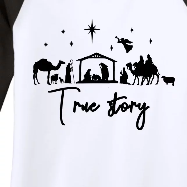 True Story Nativity Christmas Baby Jesus Manger Catholic Women's Tri-Blend 3/4-Sleeve Raglan Shirt