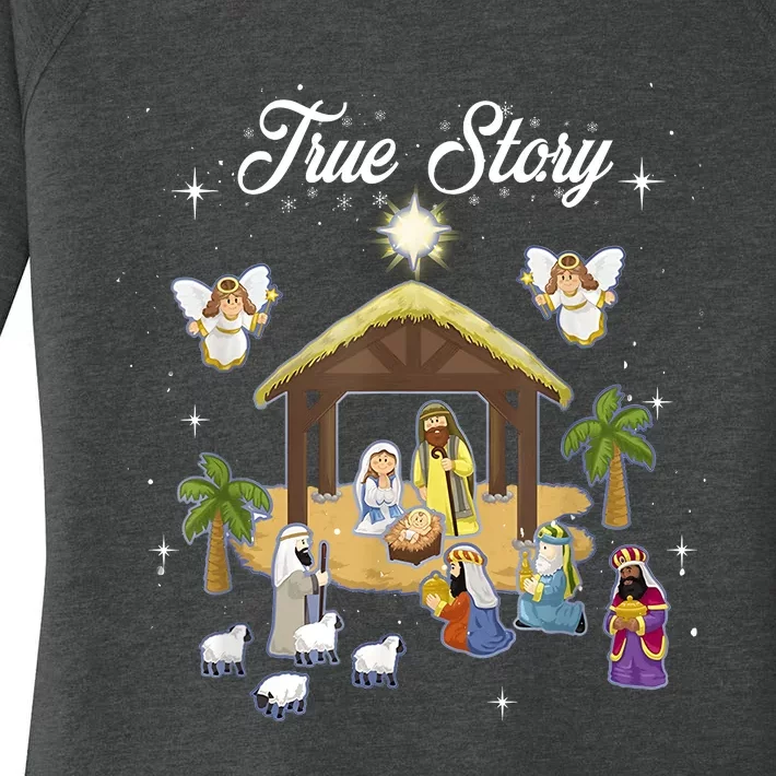 True Story Of Jesus Birth Christmas Nativity Catholic Women's Perfect Tri Tunic Long Sleeve Shirt