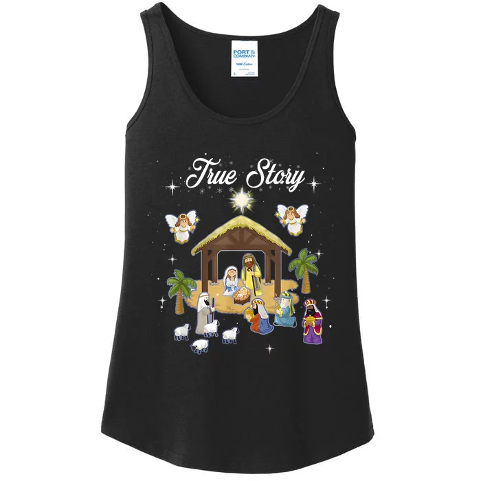 True Story Of Jesus Birth Christmas Nativity Catholic Ladies Essential Tank