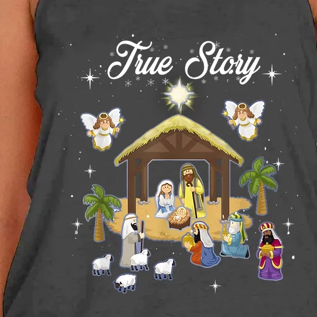 True Story Of Jesus Birth Christmas Nativity Catholic Women's Knotted Racerback Tank