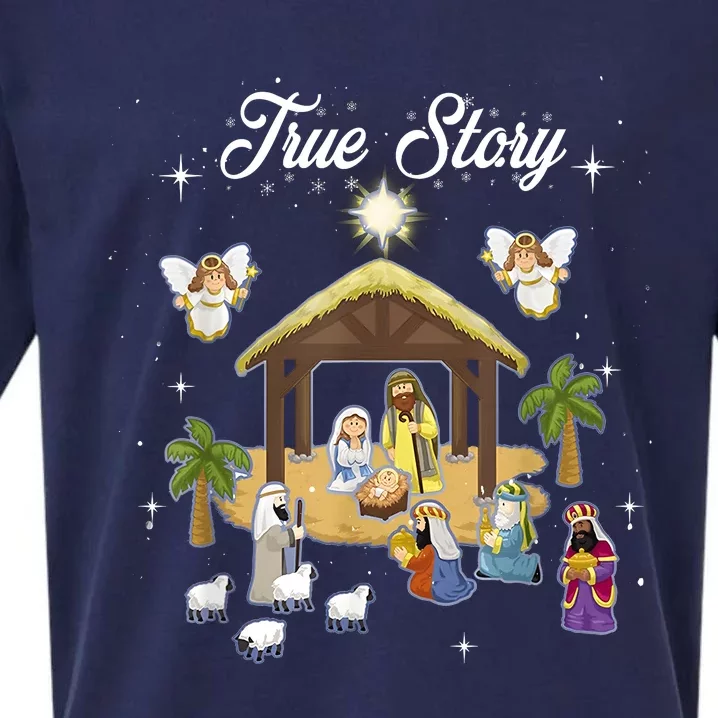 True Story Of Jesus Birth Christmas Nativity Catholic Sueded Cloud Jersey T-Shirt