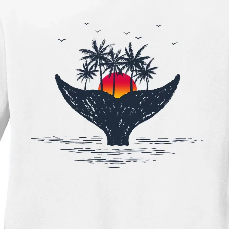 Tropical Sunset Palm Trees Whale Tail Summer Vacation Ladies Long Sleeve Shirt