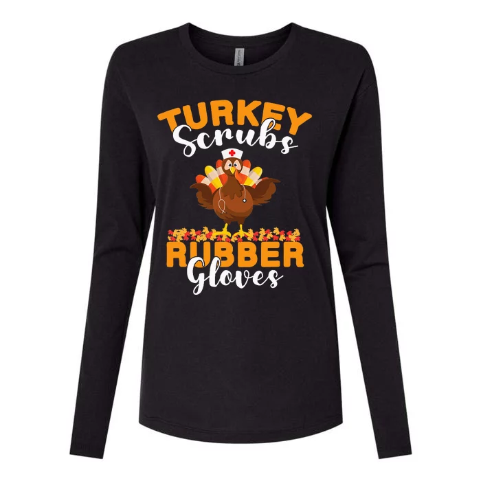 Turkey Scrubs Rubber Gloves Thanksgiving Nurse Practitioner Womens Cotton Relaxed Long Sleeve T-Shirt