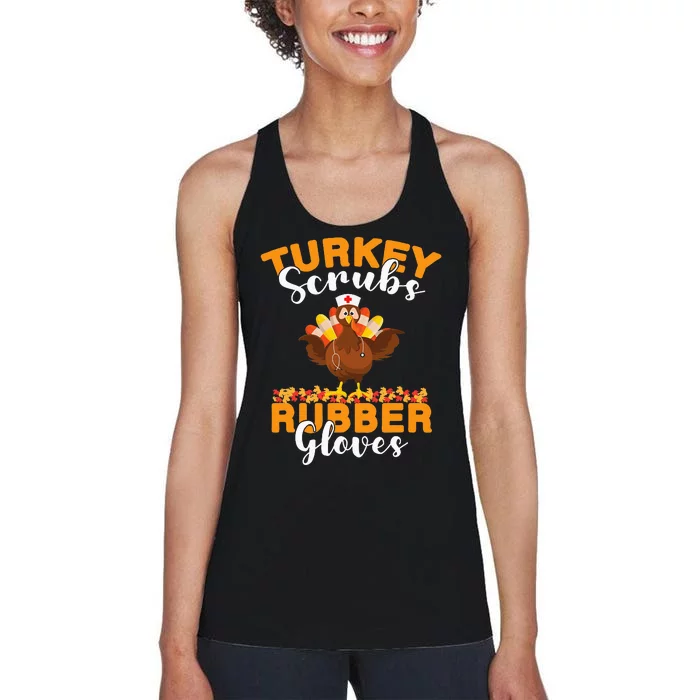 Turkey Scrubs Rubber Gloves Thanksgiving Nurse Practitioner Women's Racerback Tank