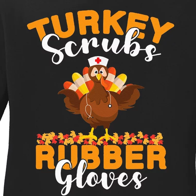 Turkey Scrubs Rubber Gloves Thanksgiving Nurse Practitioner Ladies Long Sleeve Shirt