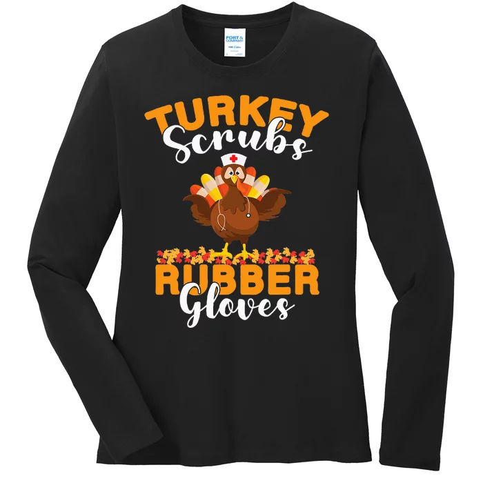 Turkey Scrubs Rubber Gloves Thanksgiving Nurse Practitioner Ladies Long Sleeve Shirt