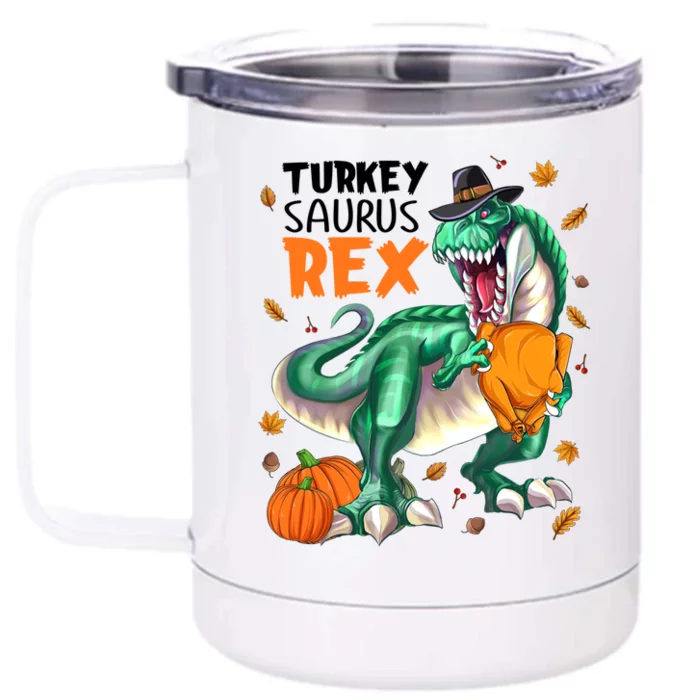 Turkey Saurus Rex Dinosaur T Rex Thanksgiving Pumpkin Gift Front & Back 12oz Stainless Steel Tumbler Cup