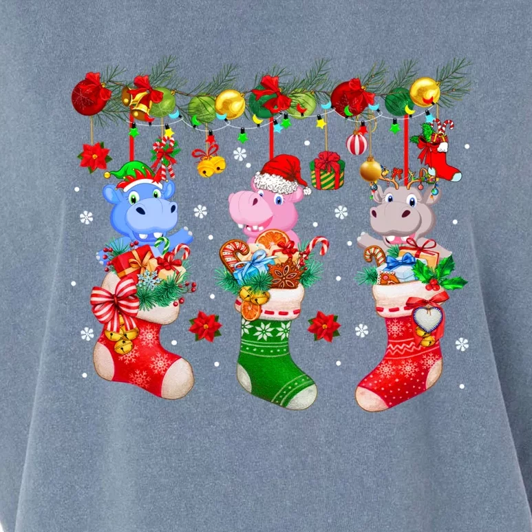 Three Santa Reindeer Hippos In Xmas Socks With Presents Gift Garment-Dyed Women's Muscle Tee