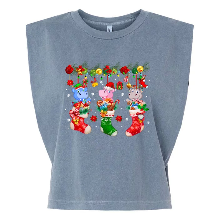 Three Santa Reindeer Hippos In Xmas Socks With Presents Gift Garment-Dyed Women's Muscle Tee