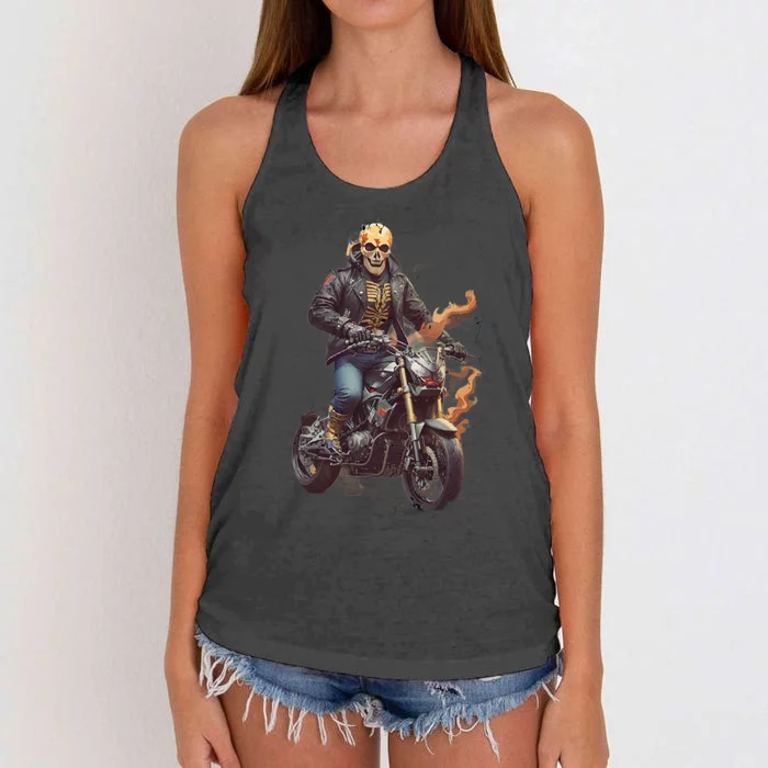 Trendy Skeleton Riding A Motorbike Women's Knotted Racerback Tank