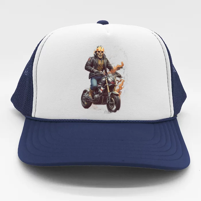 Trendy Skeleton Riding A Motorbike Trucker Hat