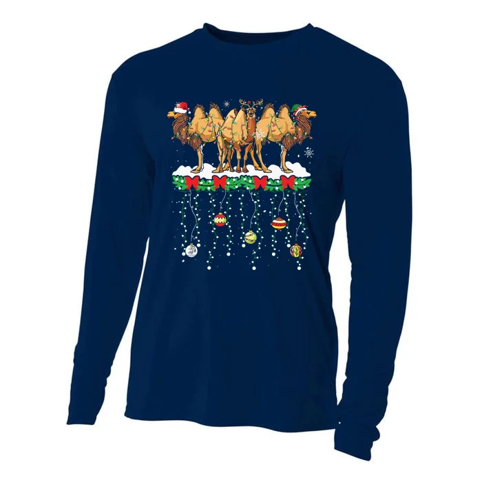 Three Santa Reindeer Elf Camels Christmas Farmer Family Cooling Performance Long Sleeve Crew