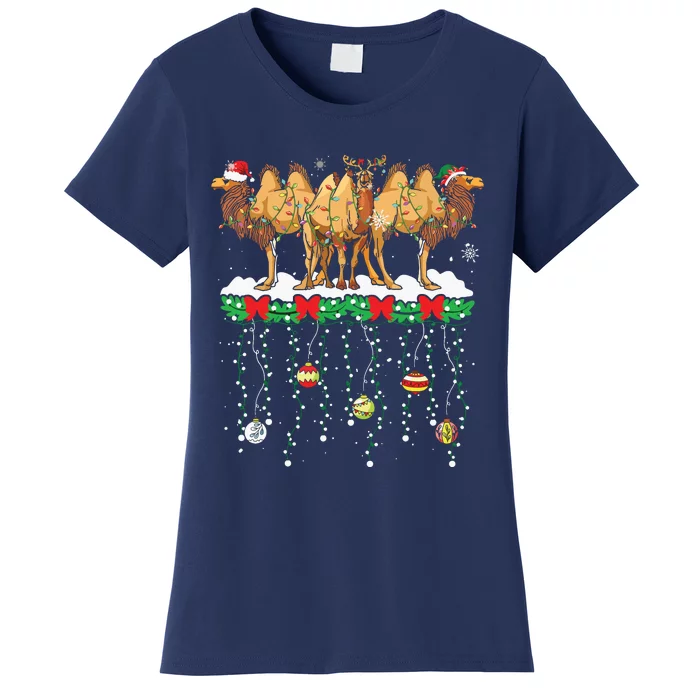 Three Santa Reindeer Elf Camels Christmas Farmer Family Women's T-Shirt