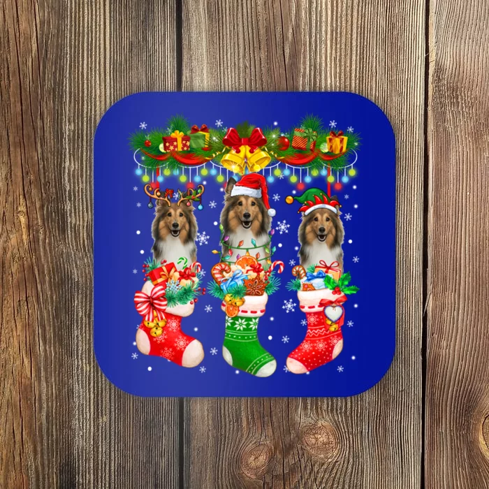 Three Santa Reindeer Elf Shetland Sheepdogs In Xmas Socks Gift Coaster