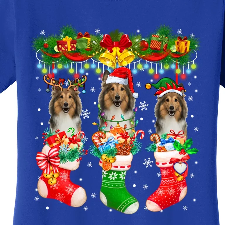 Three Santa Reindeer Elf Shetland Sheepdogs In Xmas Socks Gift Women's T-Shirt