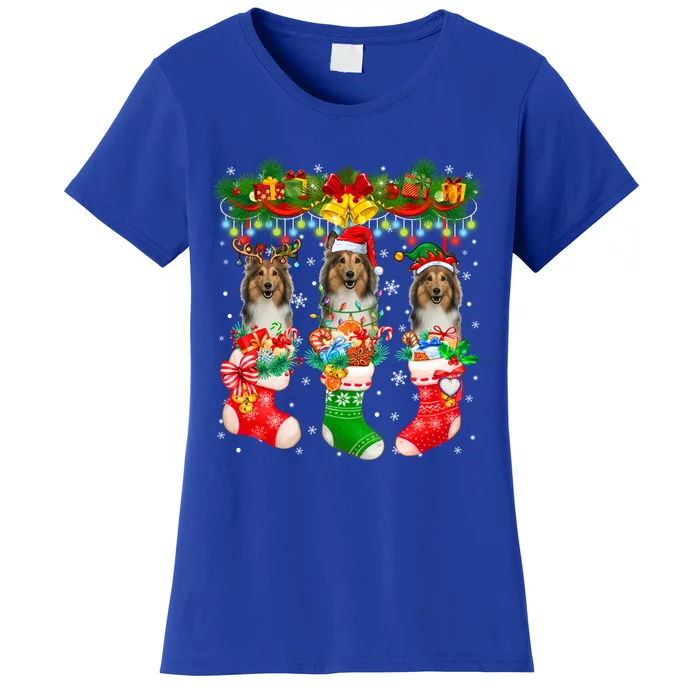 Three Santa Reindeer Elf Shetland Sheepdogs In Xmas Socks Gift Women's T-Shirt