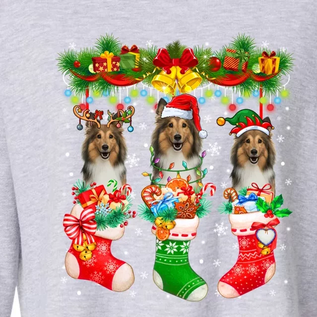 Three Santa Reindeer Elf Shetland Sheepdogs In Xmas Socks Gift Cropped Pullover Crew