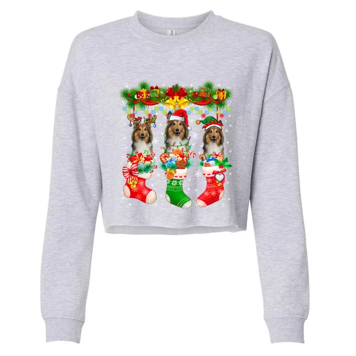 Three Santa Reindeer Elf Shetland Sheepdogs In Xmas Socks Gift Cropped Pullover Crew