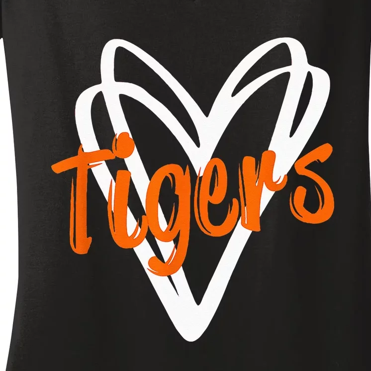 Tigers School Sports Fan Team Spirit Mascot Cute Heart Gift Women's V-Neck T-Shirt