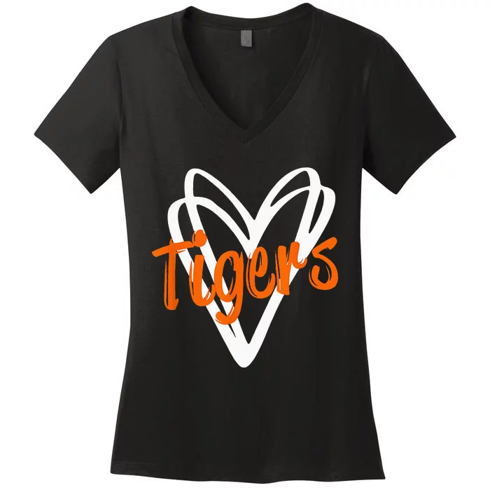 Tigers School Sports Fan Team Spirit Mascot Cute Heart Gift Women's V-Neck T-Shirt