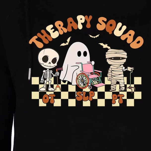 Therapy Squad SLP OT PT Groovy Halloween Speech Physical Womens Funnel Neck Pullover Hood