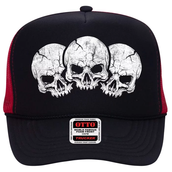 Three Skeleton Skulls Creepy Monster Face Spooky Halloween Gift High Crown Mesh Trucker Hat