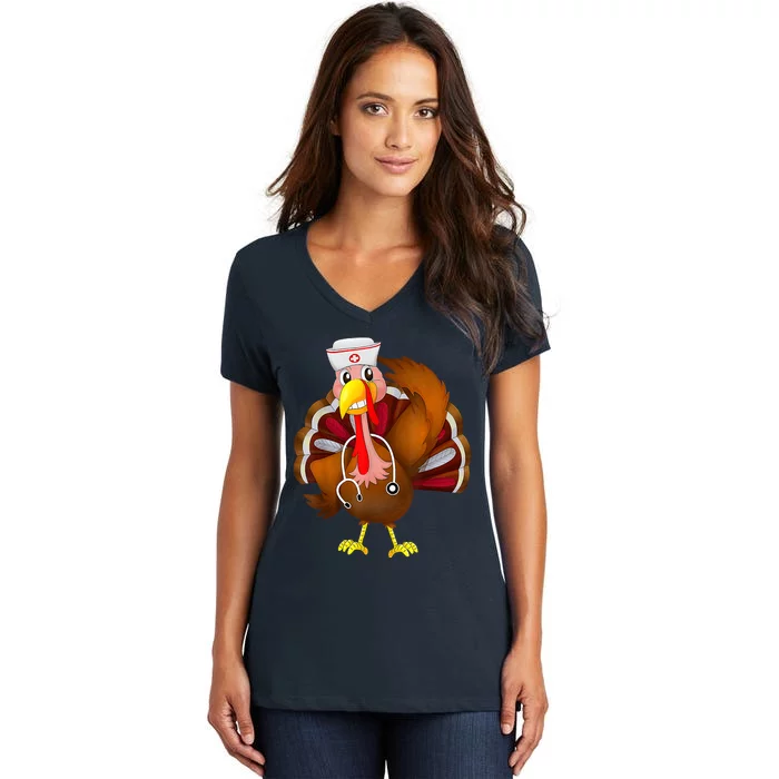 Thanksgiving Scrub Tops Wo Turkey Nurse Holiday Nursing Women's V-Neck T-Shirt