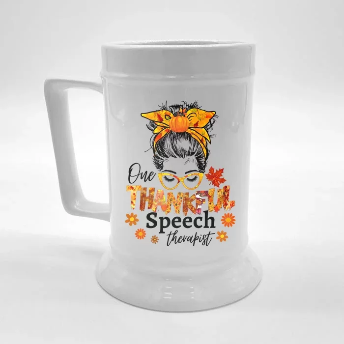 Thankful Speech Therapist Fall Thanksgiving Cute Messy Bun Cool Gift Front & Back Beer Stein