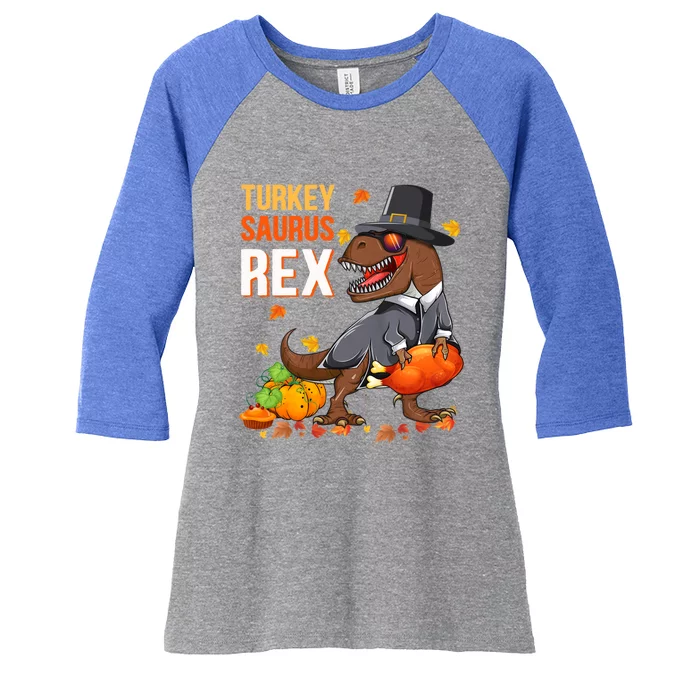 Turkey Saurus T Rex Pilgrim Dinosaur Thanksgiving Gift Women's Tri-Blend 3/4-Sleeve Raglan Shirt