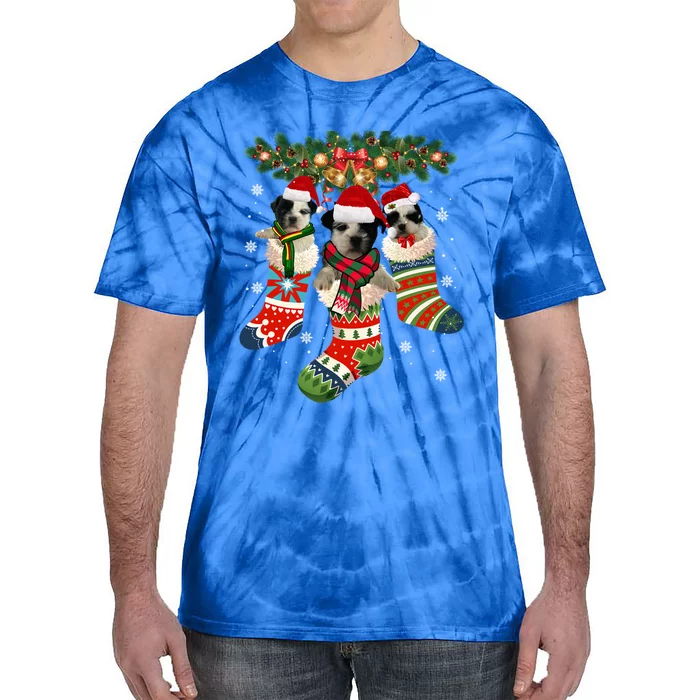 Three Shih Tzu In Sock Christmas Santa Xcute Giftmas Dog Funny Gift Tie-Dye T-Shirt