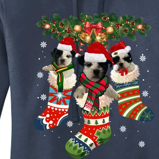 Three Shih Tzu In Sock Christmas Santa Xcute Giftmas Dog Funny Gift Women's Pullover Hoodie