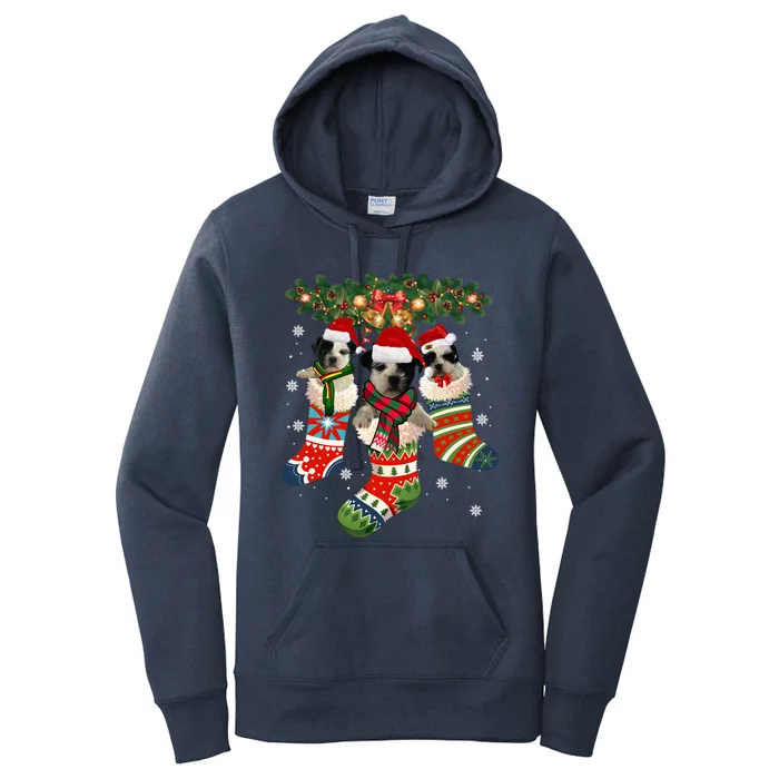 Three Shih Tzu In Sock Christmas Santa Xcute Giftmas Dog Funny Gift Women's Pullover Hoodie