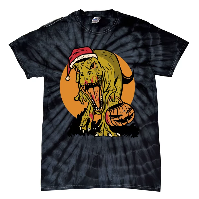 TRex Santa Trick Or Treating Halloween Funny Tie-Dye T-Shirt