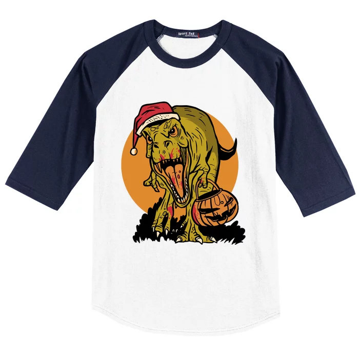 TRex Santa Trick Or Treating Halloween Funny Baseball Sleeve Shirt