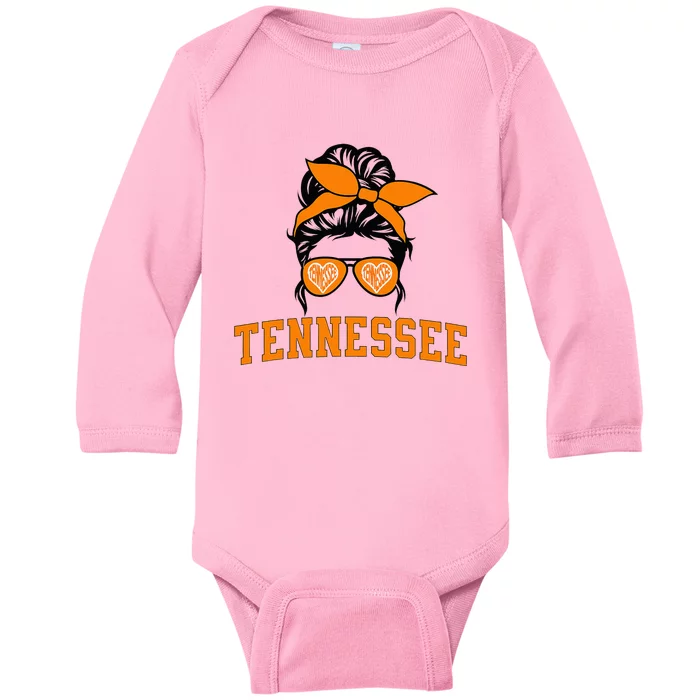 Tennessee State Tn Orange Fan Messy Bun Hair Baby Long Sleeve Bodysuit