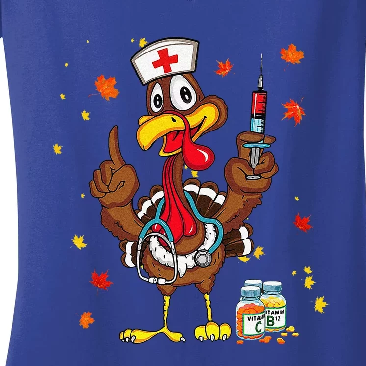 Thanksgiving Scrub Tops Funny Turkey Nurse Holiday Nursing Gift Women's V-Neck T-Shirt