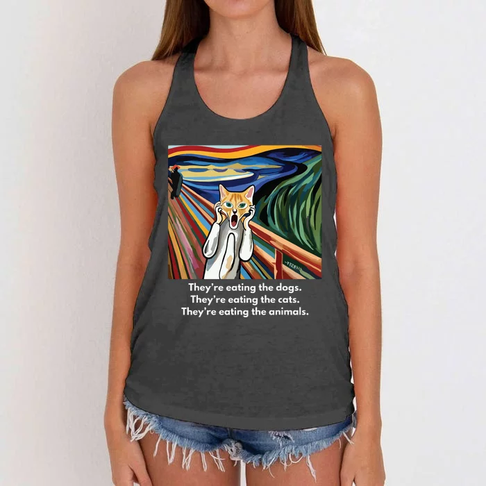 The Scream Theyre Eating The Dogs Theyre Eating The Cats Women's Knotted Racerback Tank